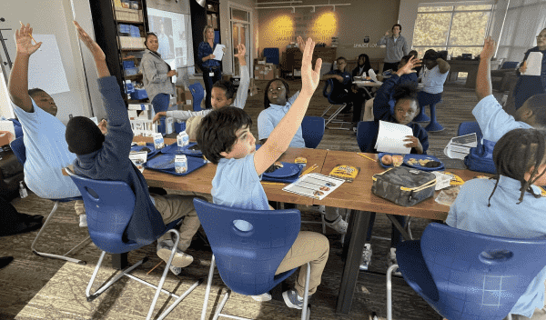 Students raising their hands in classroom