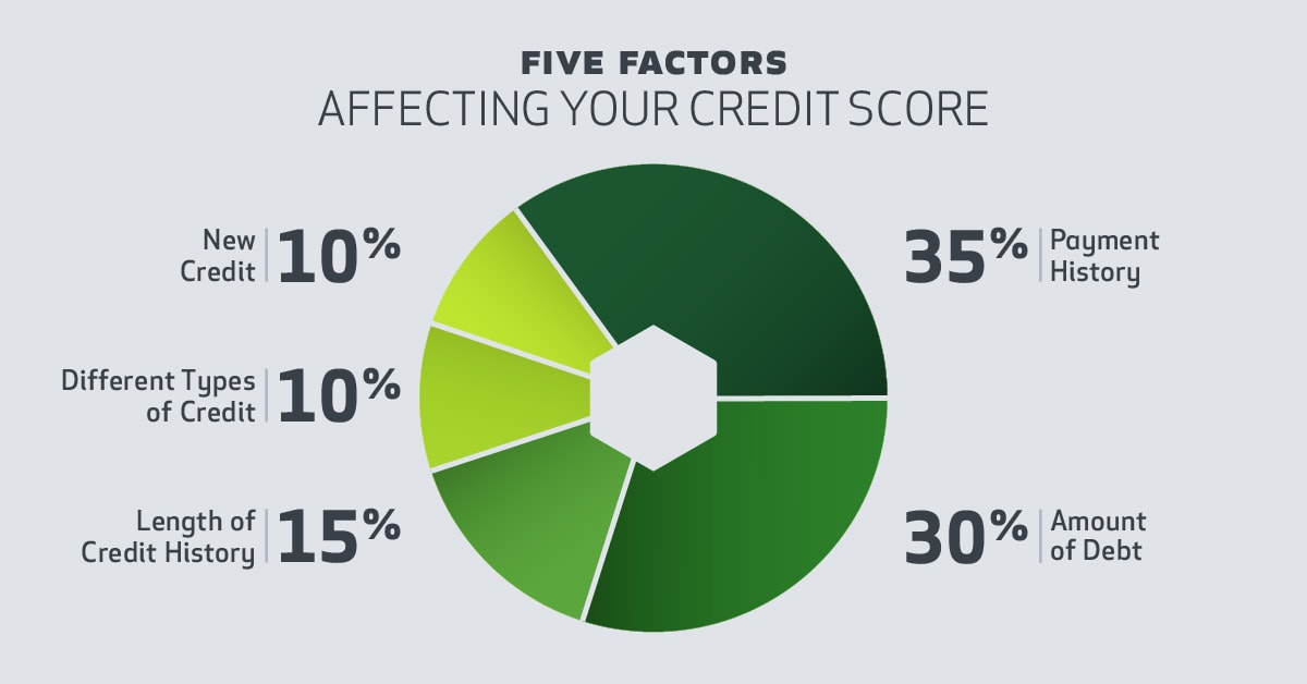 Infographic shows a breakdown of the five factors affecting your credit score